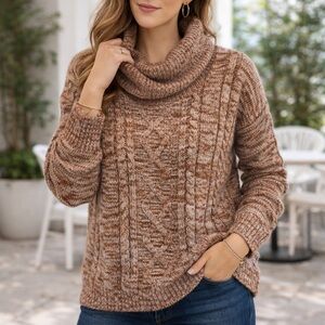 Jason Maxwell Cable Knit Cowl Neck Sweater Brown Neutral Size M NWOT
